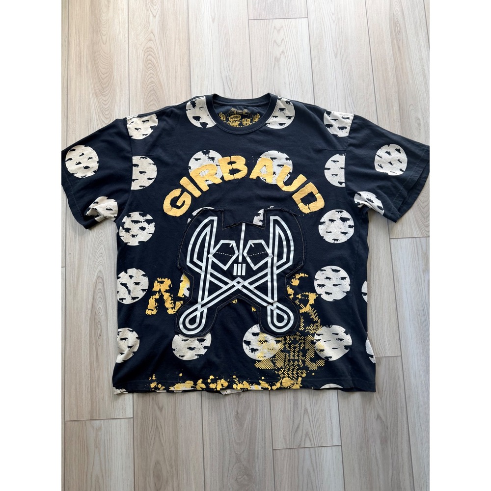 Vintage Girbaud Graphic T-Shirt Mens XXXL Black Yellow All Over Print Patch